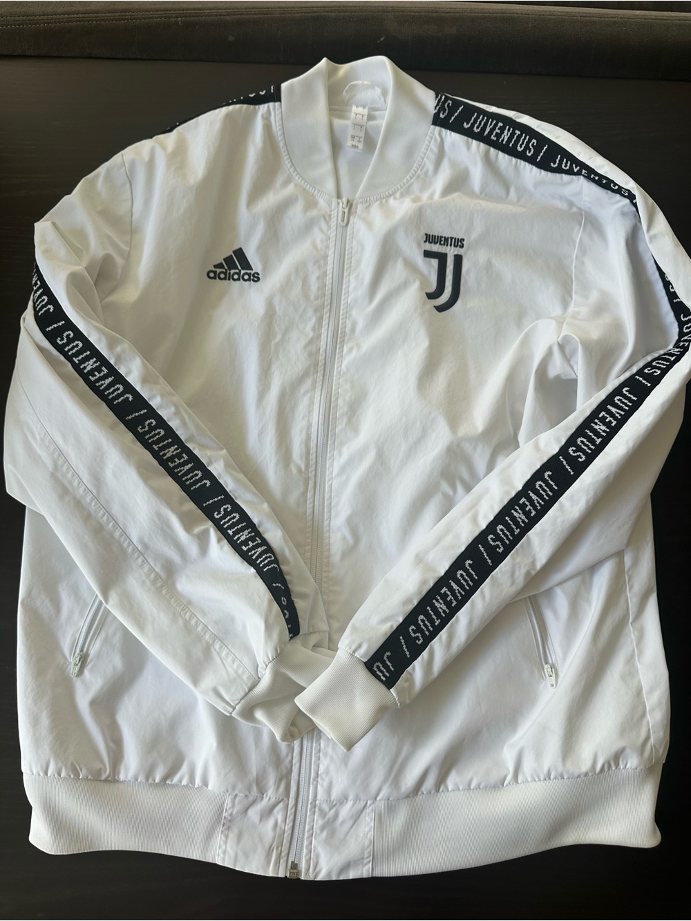 adidas White Juventus Track Windbreaker with Black Sleeve Taping
